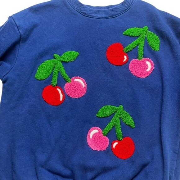 Mini Boden Girls Graphic Boucle Sweatshirt in Starboard Blue Cherries Size 5-6 Y - Picture 3 of 5